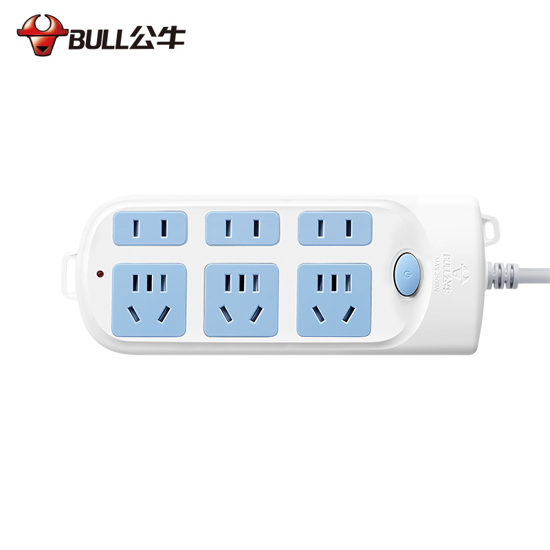 公牛(bull)GN-609全长5米六位插孔带保护门总控开关大孔间距插座/接线板/排插/拖线板/插排蓝白高清大图