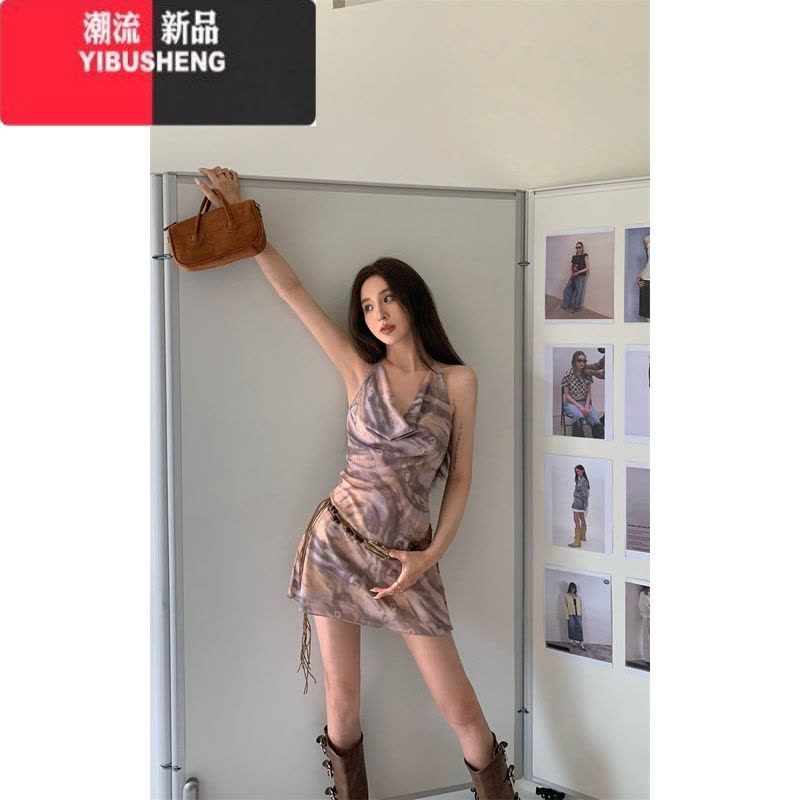 YIBUSHENG扎染挂脖连衣裙女装季复古美式收腰短裙辣妹性感v领露背a字裙子图片