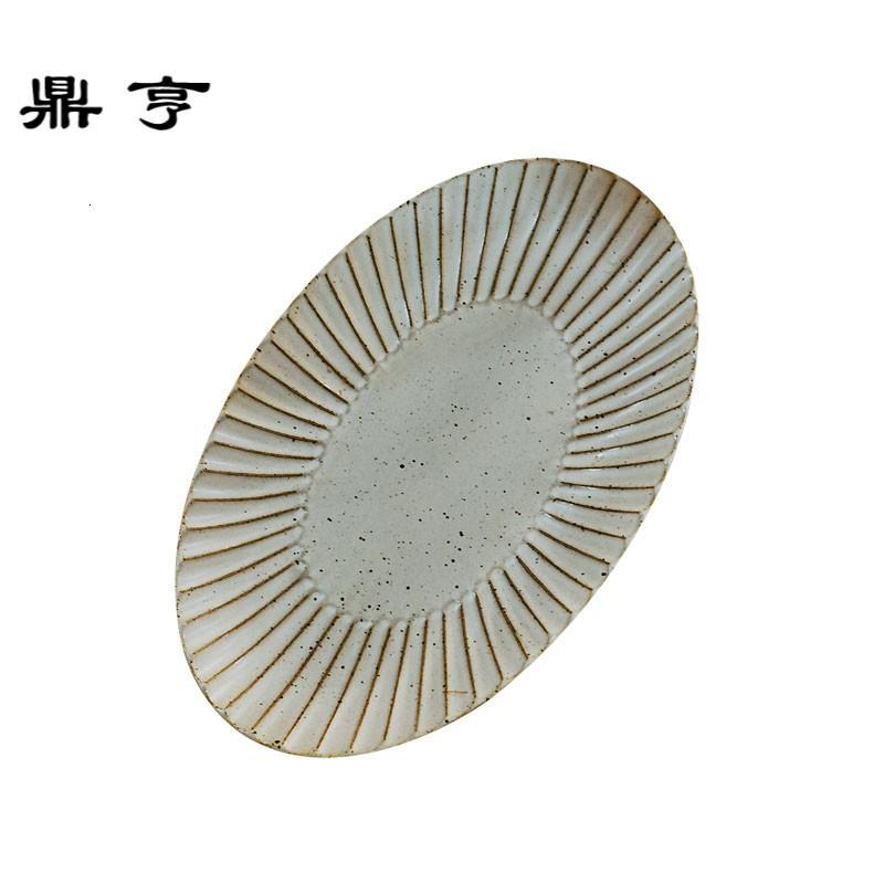鼎亨复古粗陶鱼盘大号椭圆盘创意家用景德镇手工条纹日式瓷
