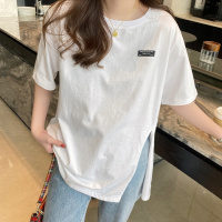 唐狮 短袖女夏上衣新款侧边开叉小标韩版设计感小众百搭T恤