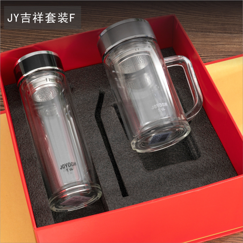 吉佑(JOYOGH)双层加厚高硼硅耐男女士带茶隔居家休闲商务办公车载杯子吉祥套装F