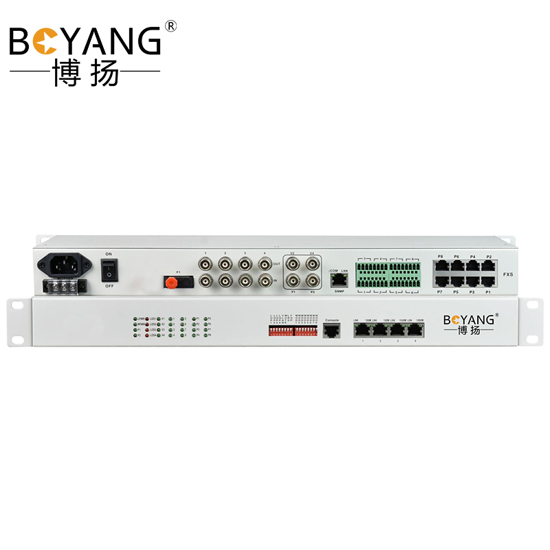 博扬 综合业务电话光端机 6电话+2路双向视频+2路双向音频+4路百兆隔离网+8路开关量+4路485 单纤20km机架式