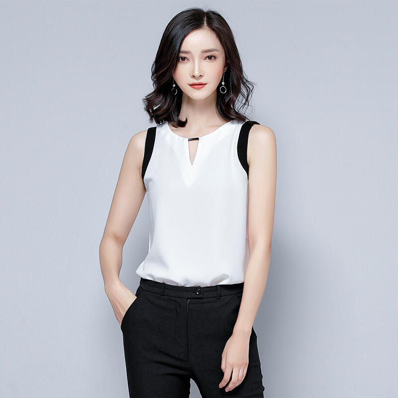 无袖雪纺衫2018新款韩版短袖背心女夏外穿v领百搭露肩打底衫上衣白色上衣