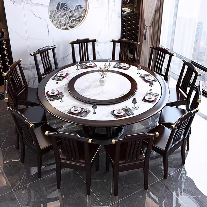 臻远 ZY5110220 岩板餐桌实木圆形餐桌椅组合1.8米圆桌12把餐椅高清大图