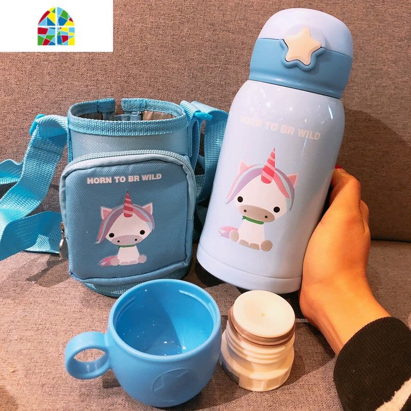 封后大容量儿童保温杯男女小学生真空不锈钢吸管喝水杯幼儿园宝宝杯子 FENG 蓝独角兽500ml+斜跨套+双盖关注收藏送四图片