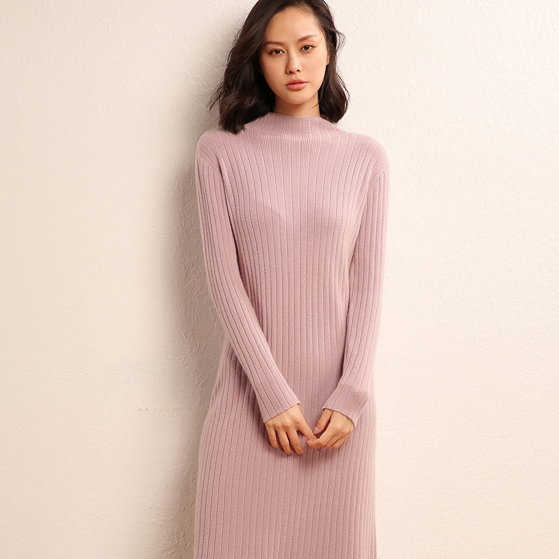 2018秋冬新款羊绒半高领女连衣裙纯色套头针织衫
