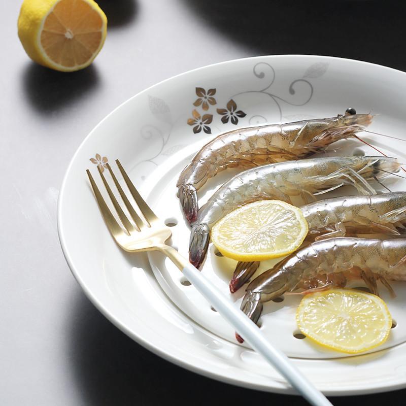 创意双层陶瓷饺子盘家用大号圆盘10英寸沥水蒸虾盘菜盘水饺托盘