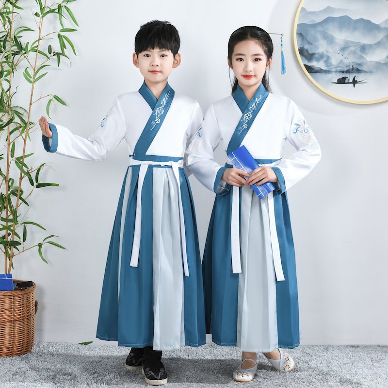 儿童汉服女学生古装国学服男童汉服六一演出服中国风书童表演服装 湖蓝拼接款直袖女 (男女同款) 90