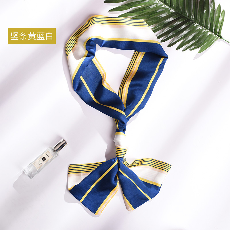 美帮汇姚晨小领巾女春秋款洋气时尚百搭装饰长条腰带小丝巾领带丝带 竖条黄蓝白