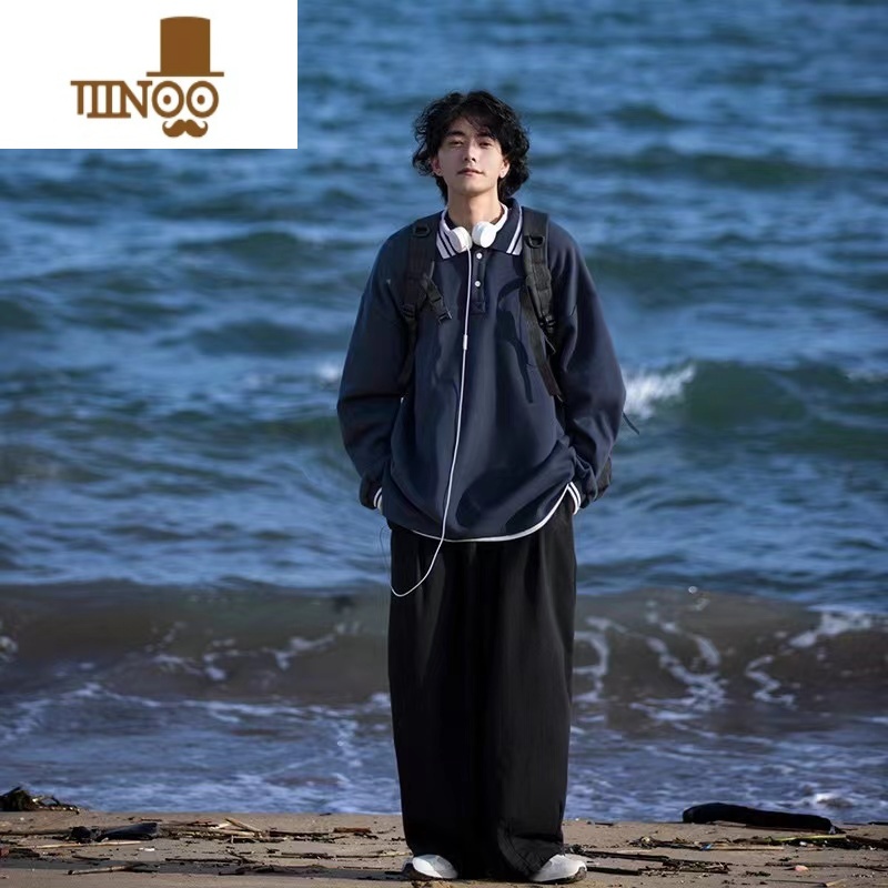 YANXU日系cityboy藏青色卫衣男女ins潮牌polo衫长袖美式复古外套高清大图