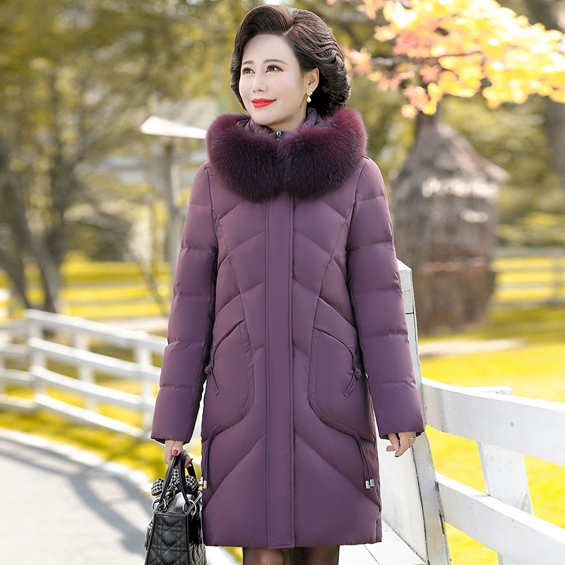 羽绒服女中长款冬装宽松中老年妈妈气质奶奶狐狸毛领白鸭绒外套