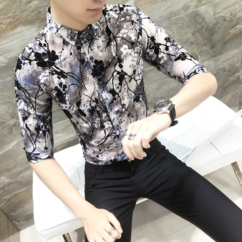 雅痞型男七分袖衬衣韩版修身型师印花中袖花衬衫五分袖工作服男