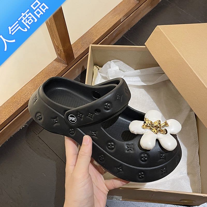 SUNTEK可爱花朵洞洞鞋女夏季外穿包头拖鞋2023新款厚底松糕踩屎感沙滩鞋图片