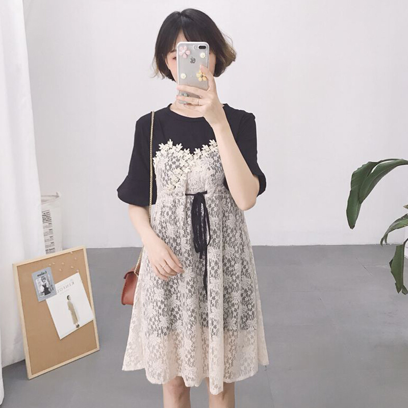 夏季新款女装短袖打底T恤裙甜美蕾丝钩花带连衣裙学生两件套女浅蓝色均码