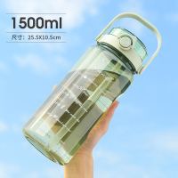 大容量水杯男防摔耐高温塑料运动水壶学生便携吸管夏季刻度杯2l 双饮透绿1500ml加厚 均码