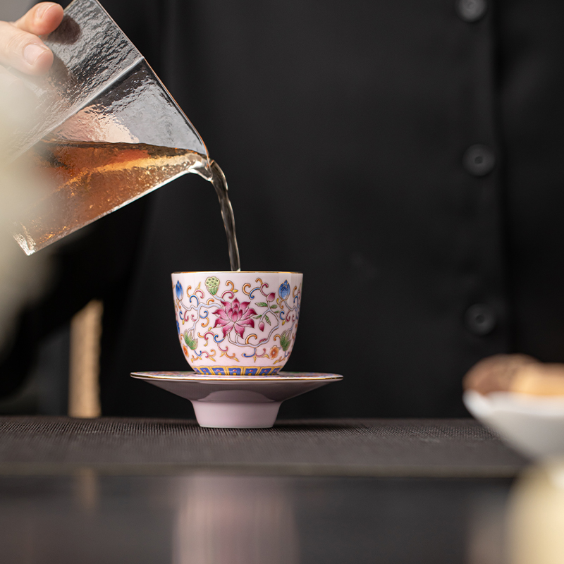 苏氏陶瓷(SUSHI CERAMICS)珐琅彩宫廷风陶瓷个人茶杯茶托礼盒伴手礼(粉)高清大图
