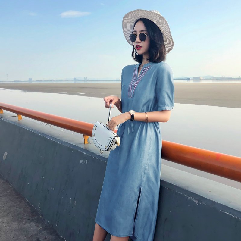 女士夏款新品天丝牛仔连衣裙女装韩版收腰系带短袖中长款休闲裙子