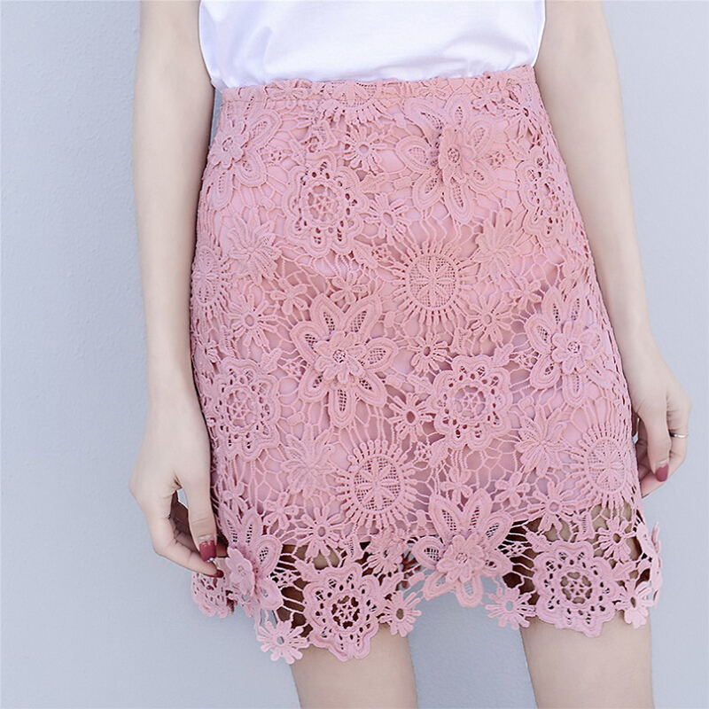 水溶蕾丝半身裙夏季2018秋款一步裙女粉色包臀短裙镂空高腰a字裙