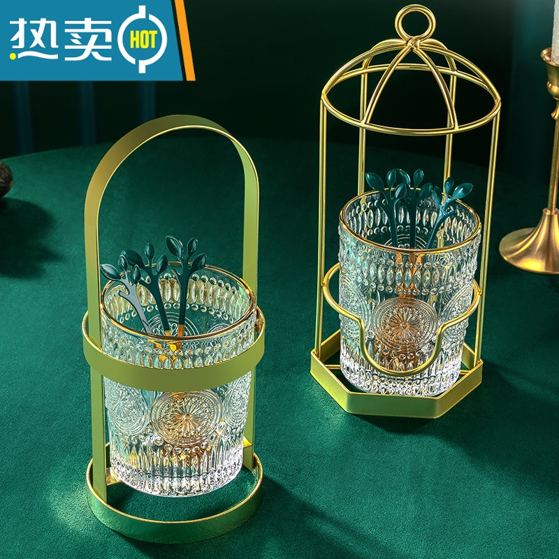 敬平304不锈钢水果叉子轻奢高端甜品蛋糕叉收纳罐套装家用水果签果插 提手水果叉筒架+金边浮雕杯高清大图