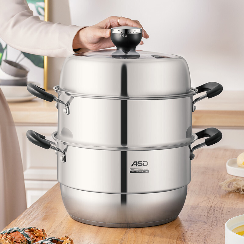 [优选]爱仕达 蒸锅 304不锈钢不串味定时三层蒸锅复底蒸笼电磁炉明火