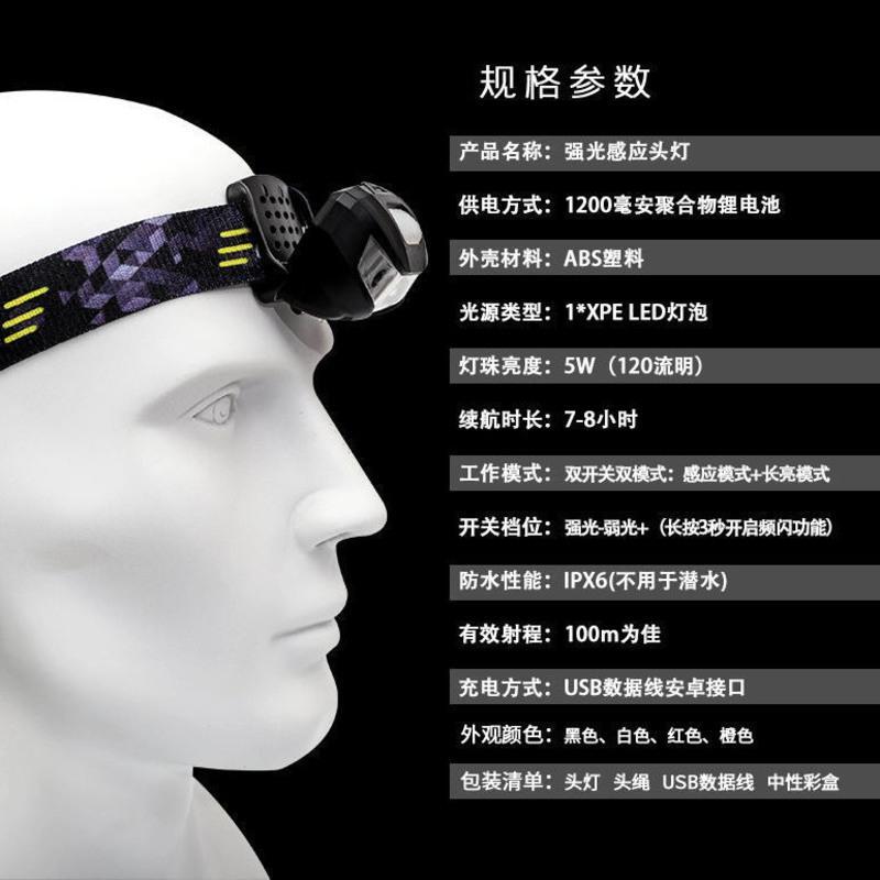 强光感应头灯可充电LED防水夜钓灯头戴式电筒超亮户外夜跑骑行灯 智能感应增强版（电池款黑色) 电池款5小时