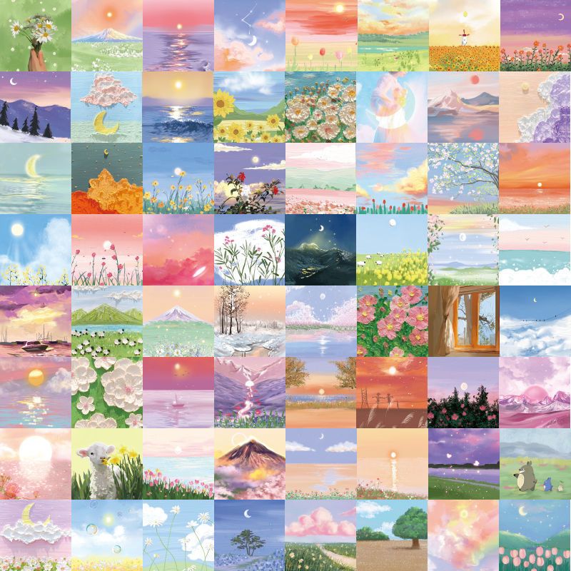 62张风景插画少女心贴纸ins手账素材创意diy手帐贴纸防水自粘贴画
