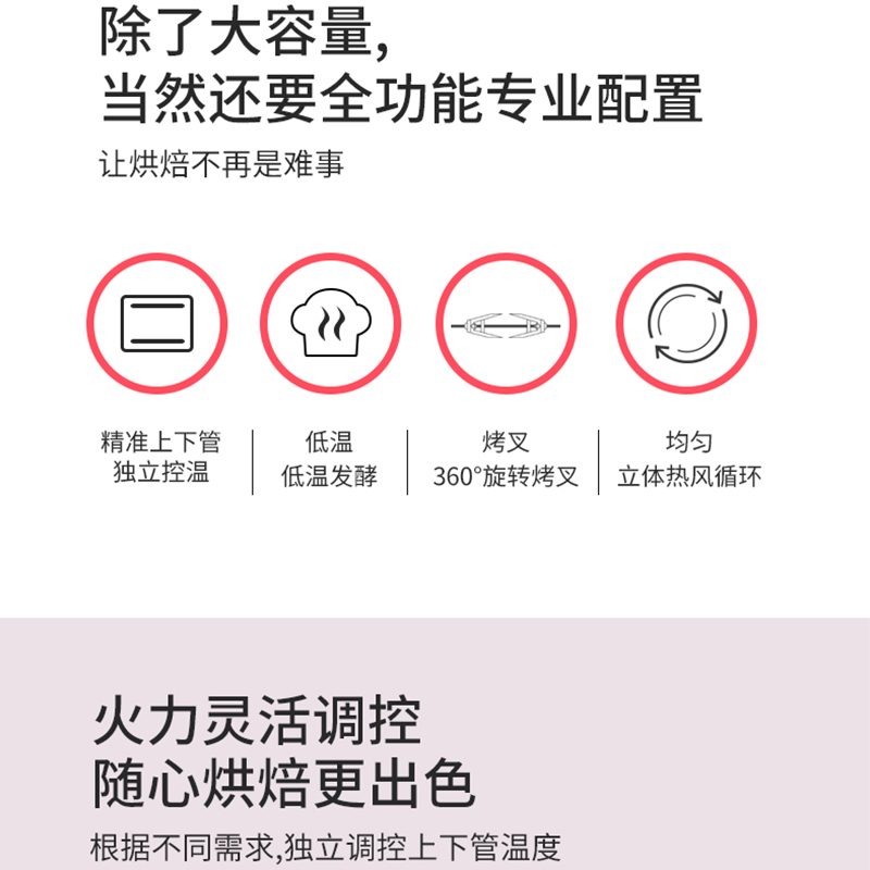 长帝 电烤箱CRDF52WBL 52L 海棠粉 电子控温 家商两用 低温发酵 旋转烧烤 四层烤位 可烤双鸡蛋糕