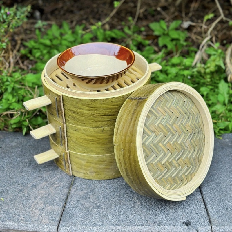 CCKO蒸笼手工蒸小笼包蒸屉蒸笼老式竹笼小蒸笼家用蒸笼竹制 3寸蒸笼盖子 3个高清大图