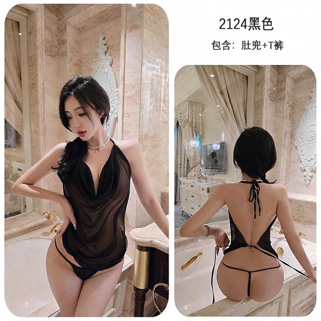 长夜漫漫情趣内衣挂脖系带肚兜套装性感纯欲网纱透视诱惑免脱2124 紫色 均码(80-140斤)