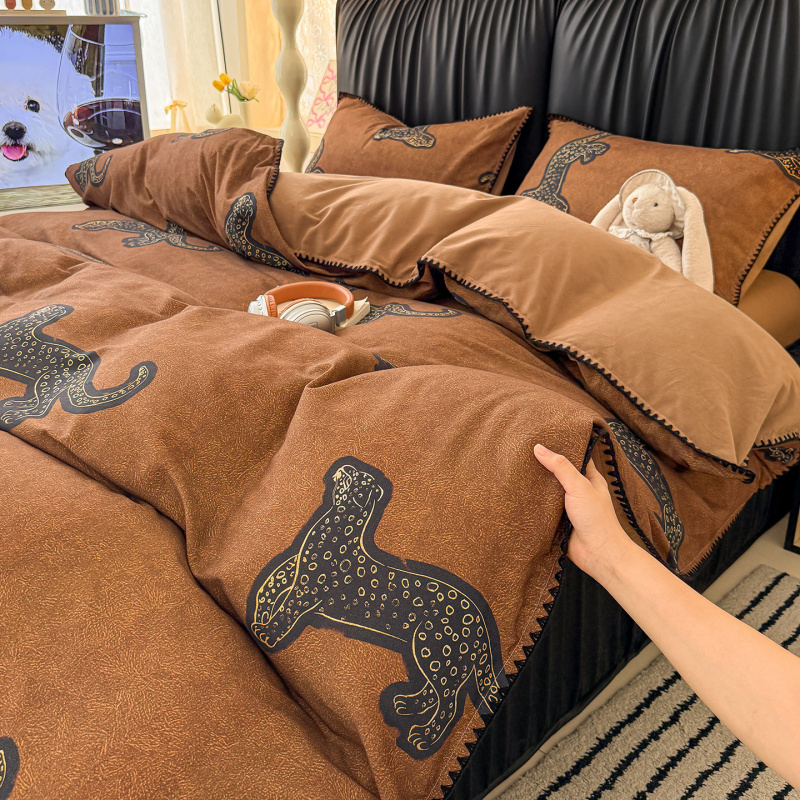 轻奢床上四件套A类中古风金钱豹床品60S纯棉磨毛被套床单