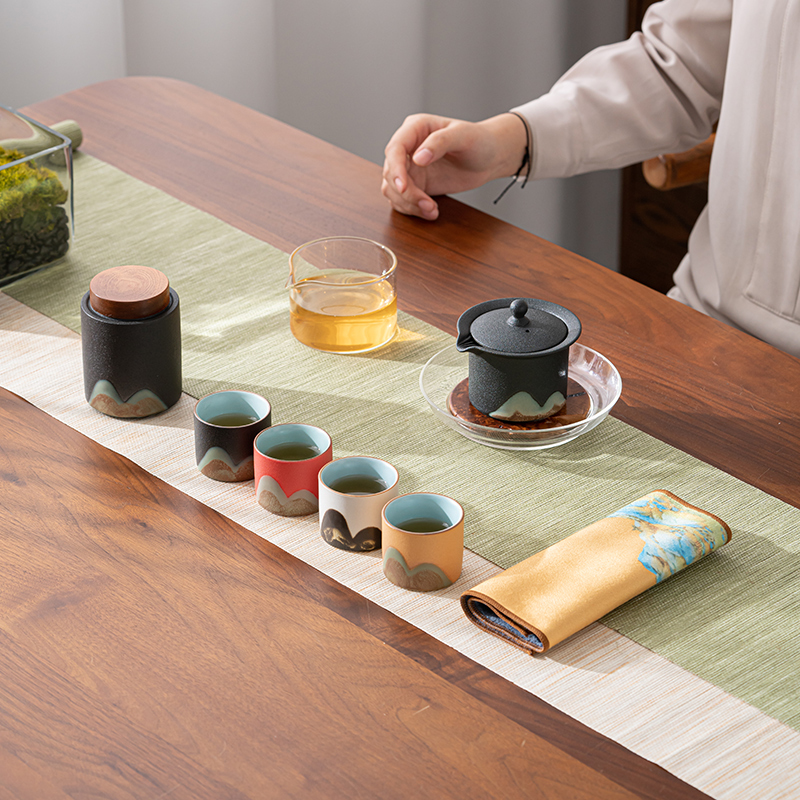 苏氏陶瓷(SUSHI CERAMICS)手绘釉画彩千里江山四色杯行云壶套装禅黑文创伴手礼套组