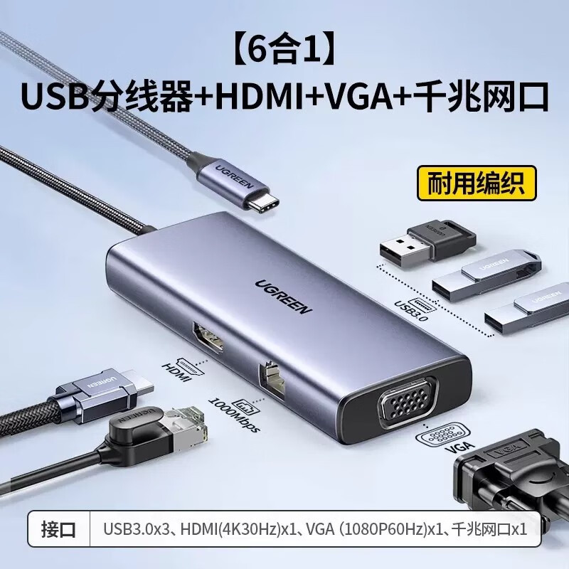 绿联Type-C扩展坞USB3.0拓展坞网线转接头千兆网卡口hub分线器HDMIVGA转换器通用苹果华为笔记本