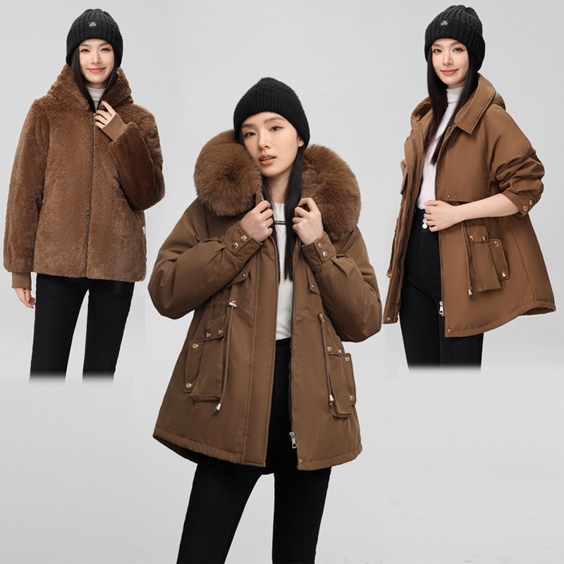 加绒加厚派克服女冬季2024新款大毛领可拆卸连帽洋气宽松棉服外套 咖啡 M