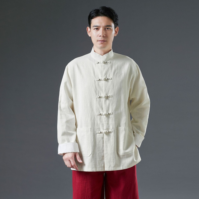 举翼王子新款春季复古中国风盘扣唐装宽松休闲上衣挽袖上衣 L 白色