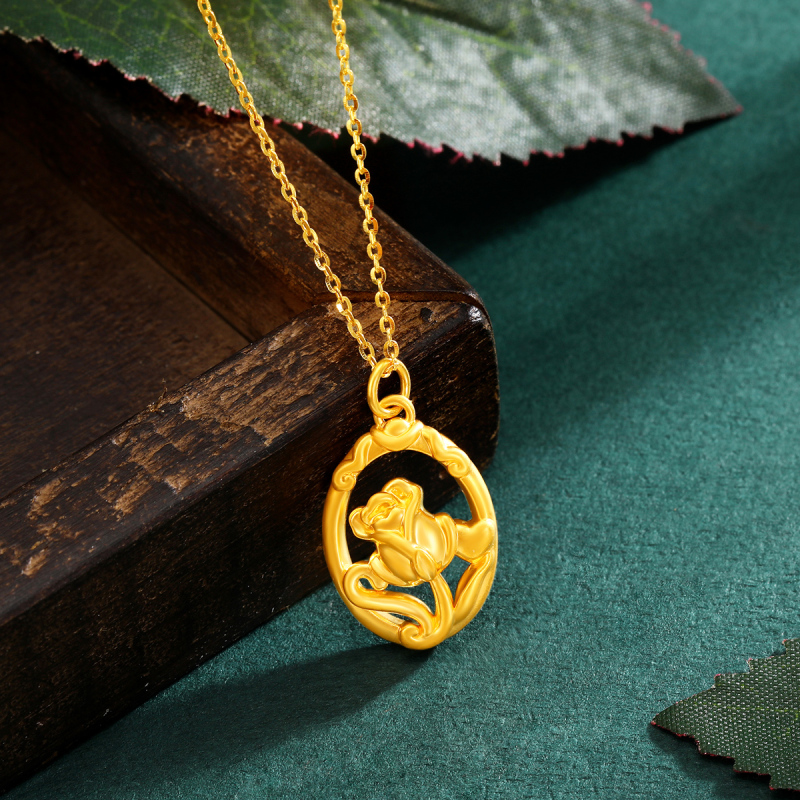 梦金园玫瑰花窗黄金吊坠硬金足金挂坠小清新花朵镂空爱心金坠子配银