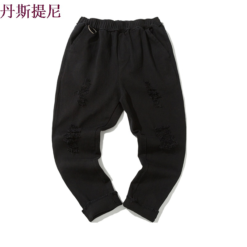 休闲裤破洞韩版潮流青年2018夏季七分裤宽松纯色百搭哈伦裤子