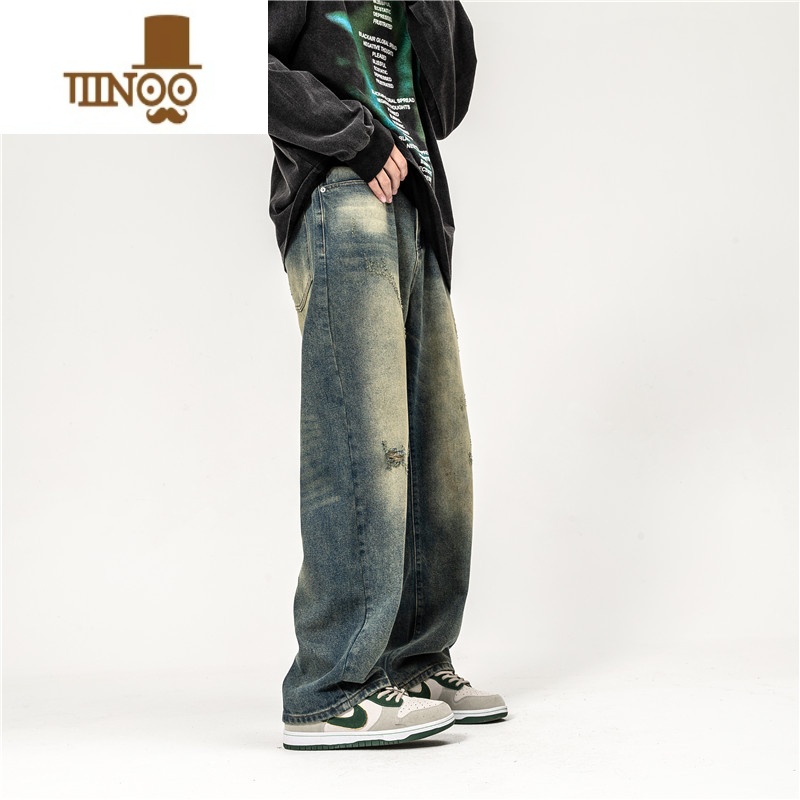 YANXU美式街头复古做旧水洗纹直筒痞帅牛仔裤男女潮牌嘻哈百搭长裤高清大图