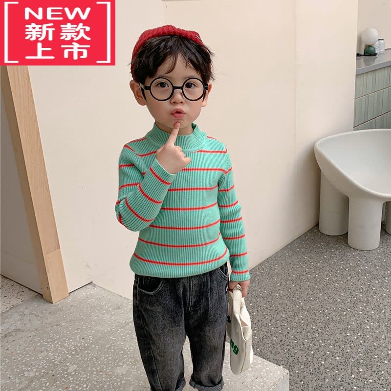 可莉允萌萌哒儿童高领毛衣小童撞色条纹针织衫男童女童秋冬装打底衫新款图片