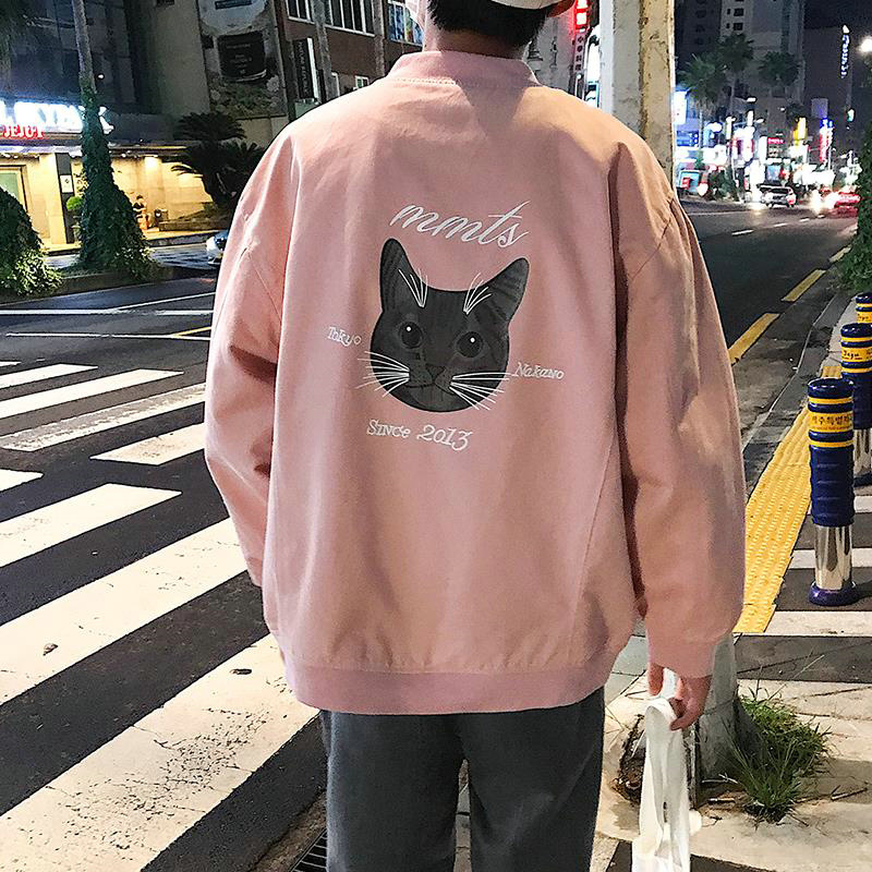 秋季猫印花男生小清新棒球服韩版修身青少年潮流学生棒球夹克