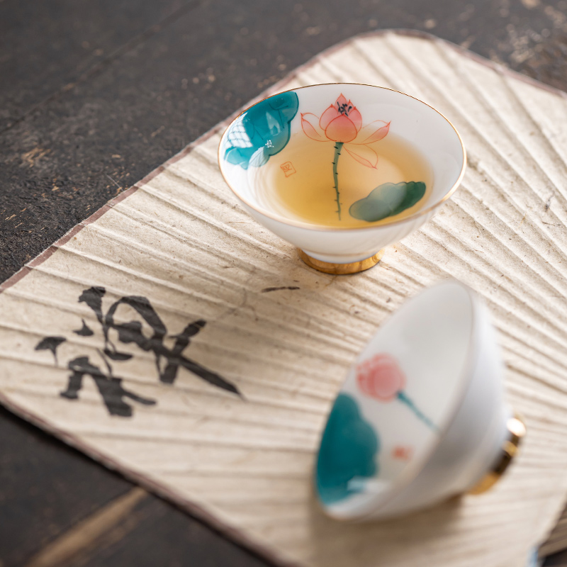 金镶玉 手绘羊脂玉瓷功夫茶具套装 家用陶瓷白瓷侧把茶壶泡茶套装礼盒装 手绘荷风羊脂玉瓷侧把套装高清大图