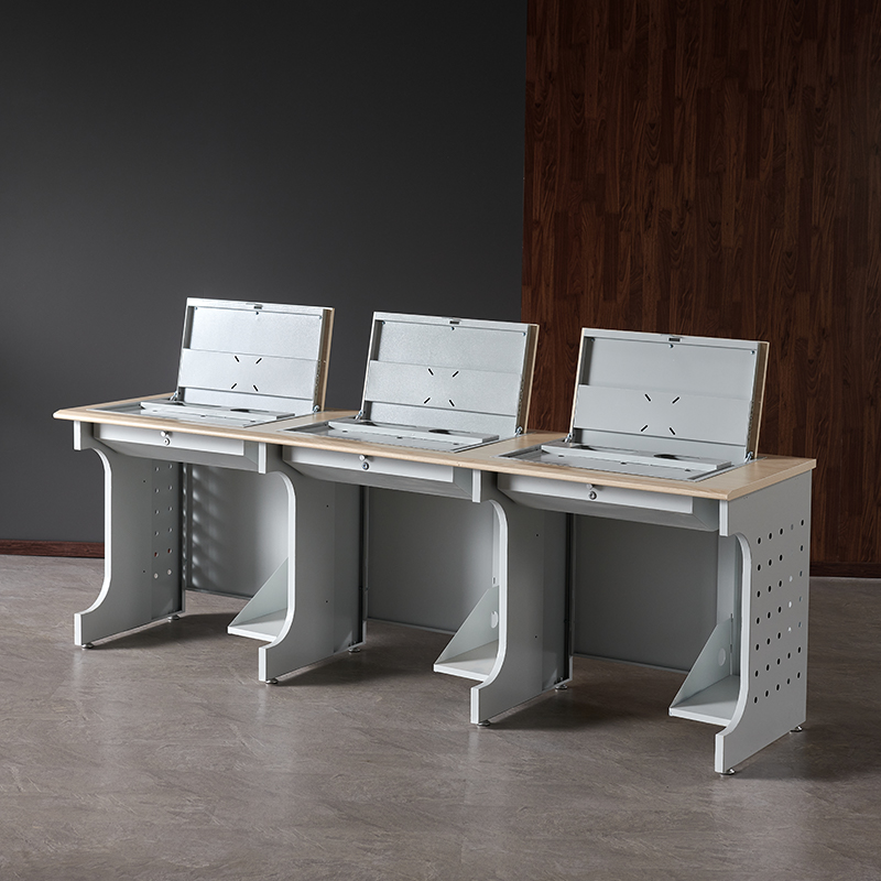 臻远ZY4012430隐藏式翻转电脑桌培训桌教室机房多媒体学习桌办公桌D款三人位高清大图