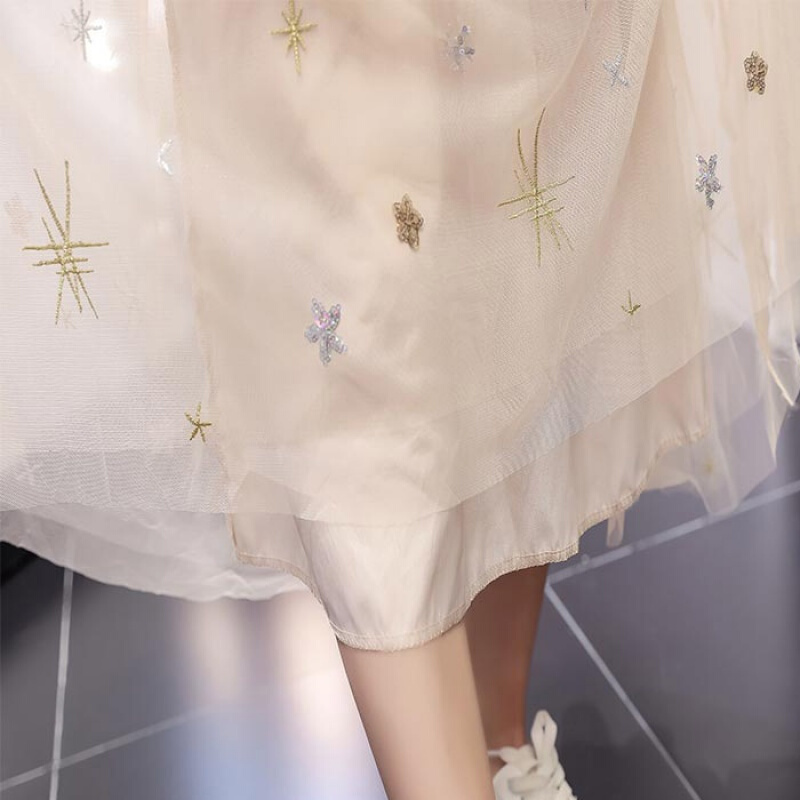 网纱半身裙女2018春夏季新款中长款纱裙学生高腰星星亮片沙沙裙子