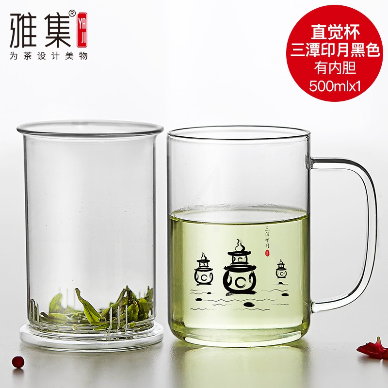 雅集玻璃杯直觉杯500ml贴花(三潭印月/黑)(限量) 雅集玻璃杯男士女士直觉杯办公室耐热透明过滤泡茶杯家用带盖水杯