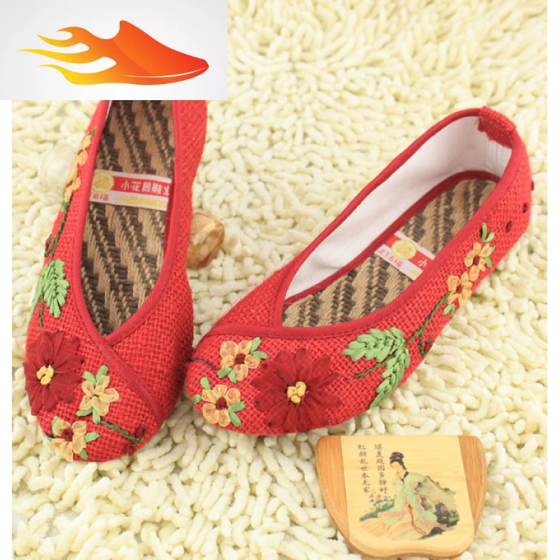 fish basket小花园绣花鞋布鞋亚麻串花牛筋底女鞋旗袍鞋米圆头休闲鞋