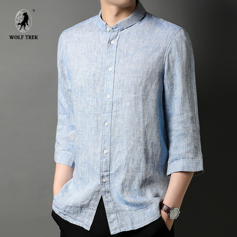 七匹狼国际公司授权wolftrek亚麻衬衫男纯色衬衣宽松男装国风夏季棉麻
