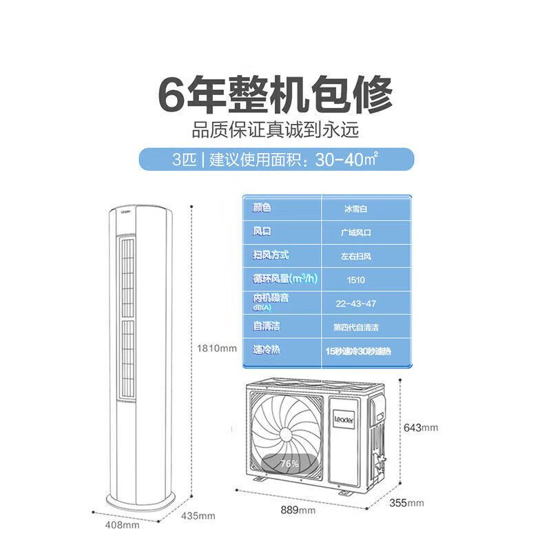 海尔智家Leader新1级3匹家用空调柜机能效除菌自清洁柜式一键舒适节能省电 KFR-72LW/02WDB81TU1套机高清大图