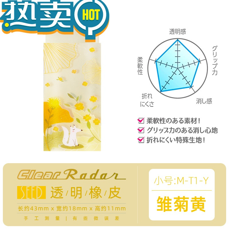 绿彩虹光文具大赏峯田透明彩色橡皮擦男女学生专用铅笔美术绘图橡皮擦clear Rader除干净无碎屑擦得干净橡皮 雏菊黄-