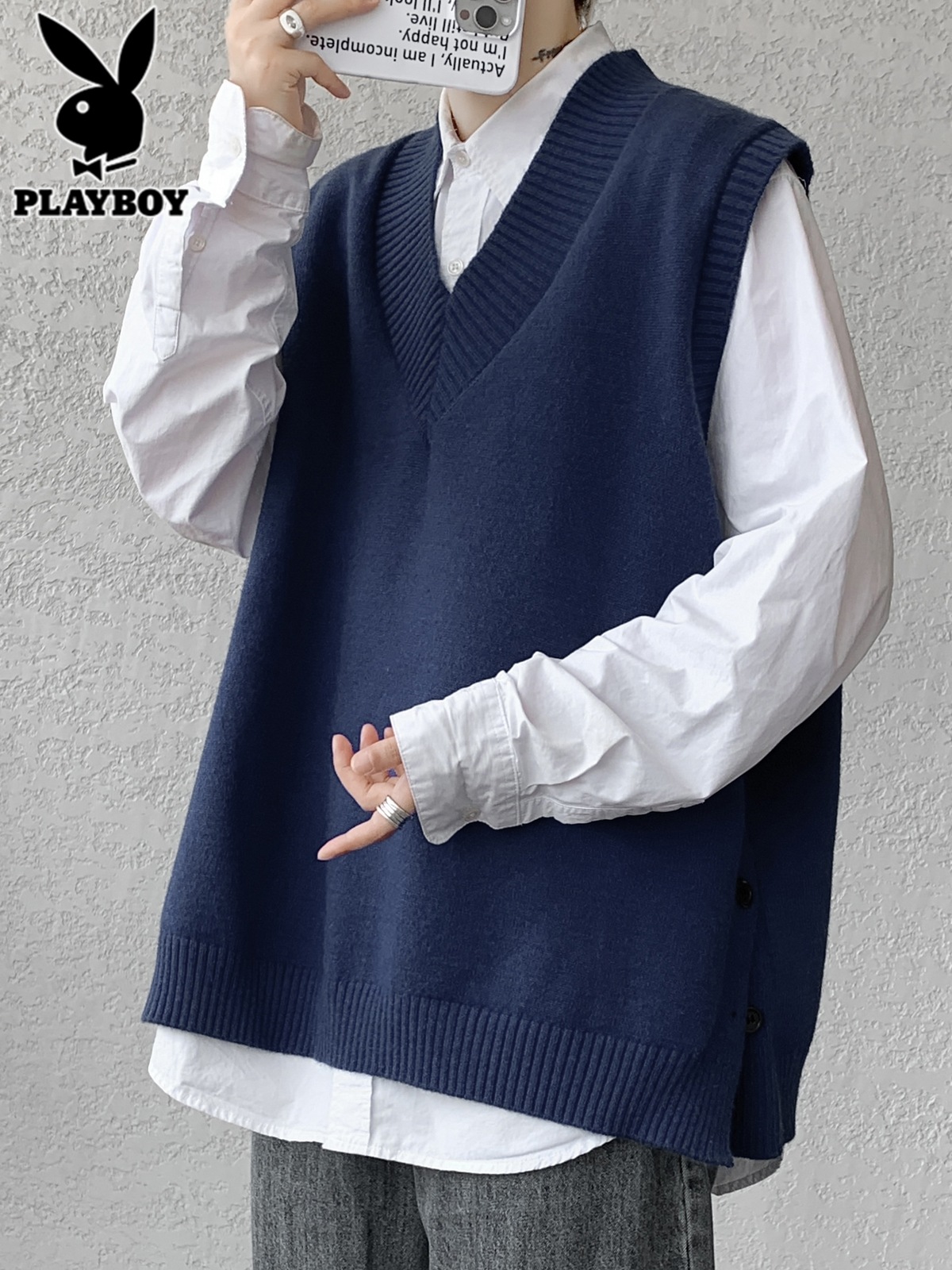 花花公子v领毛衣背心男士秋冬季潮牌青少年学院风内搭针织衫马背高清大图