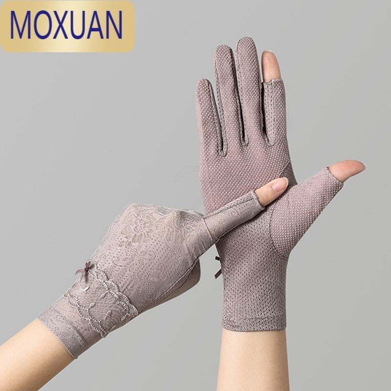 MOXUAN开车防晒手套女夏季薄款蕾丝防滑露二指半指骑行冰丝手套
