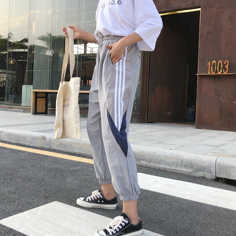 夏季女装宽松显瘦束脚织带拼接休闲裤高腰哈伦裤九分裤学生裤子潮灰色均码